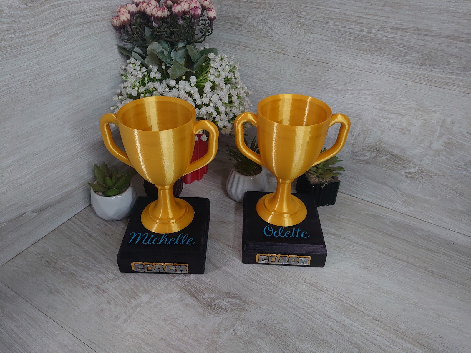 Engraved wooden trophy bases with coach names