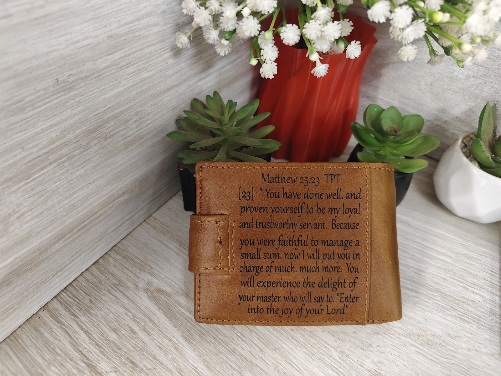 Engraved leather wallet
